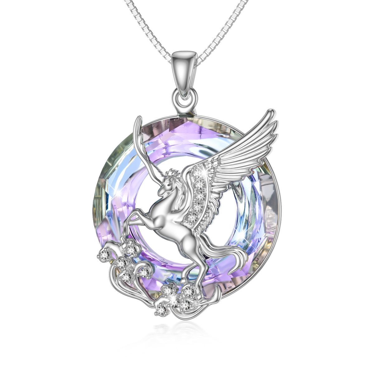 Sterling Silver Circular Shaped Crystal Unicorn Pendant Necklace-1