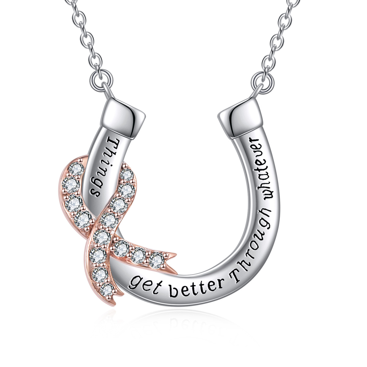 Sterling Silver Two-tone Breast Cancer Pendant Necklace with Engraved Word-1