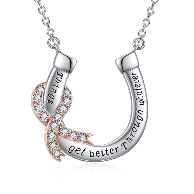 Sterling Silver Two-tone Breast Cancer Pendant Necklace with Engraved Word-0