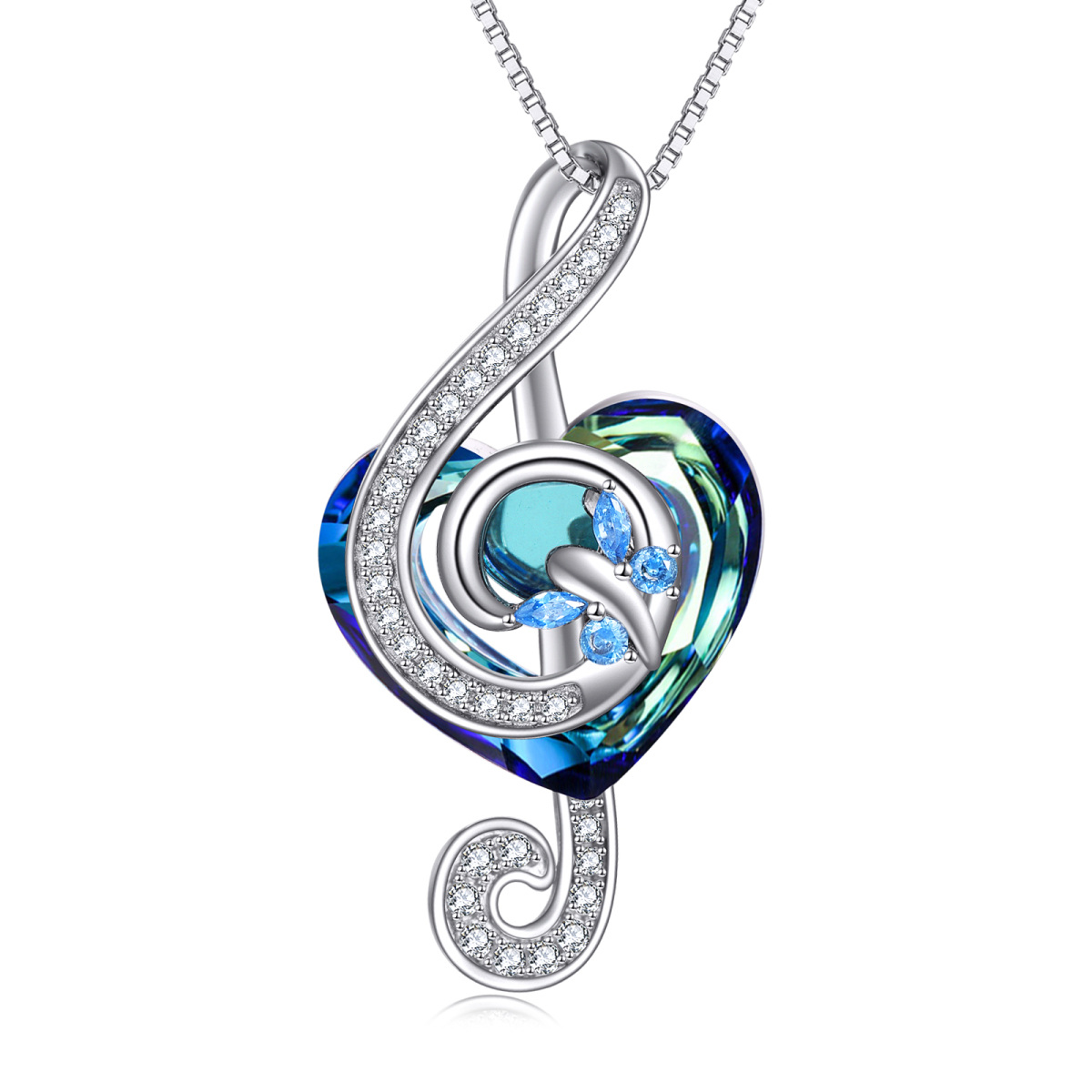 Sterling Silver Heart Heart & Music Symbol Crystal Pendant Necklace-1