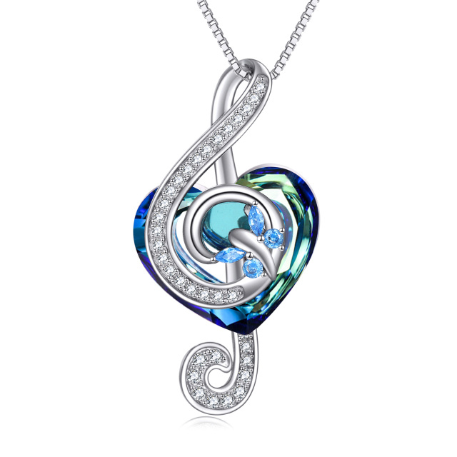 Sterling Silver Heart Heart & Music Symbol Crystal Pendant Necklace-0
