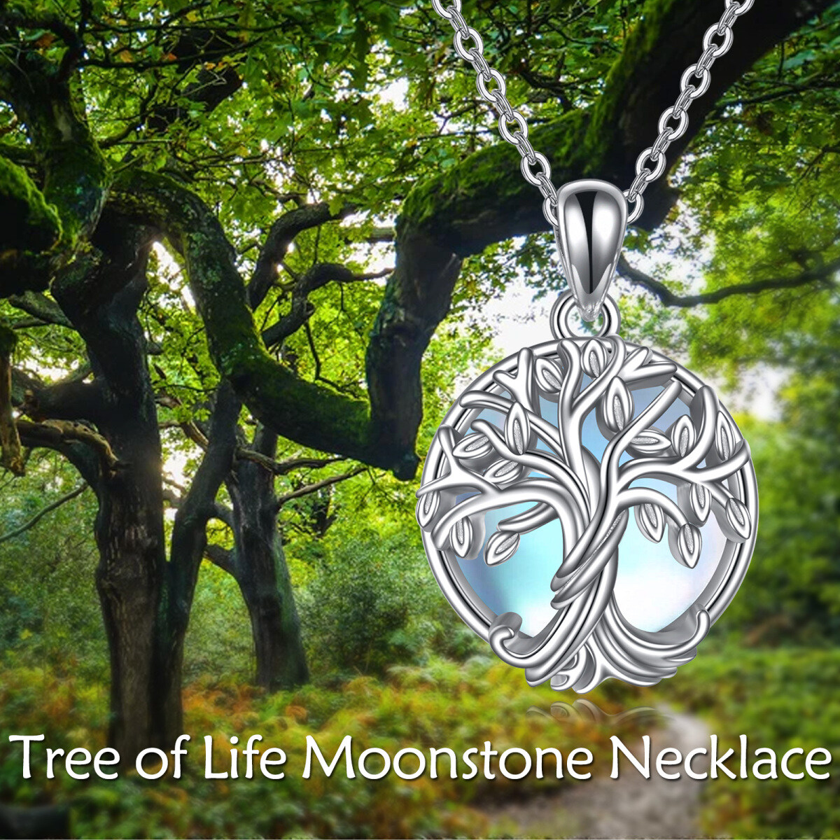 Sterling Silver Round Moonstone Tree Of Life Pendant Necklace-6