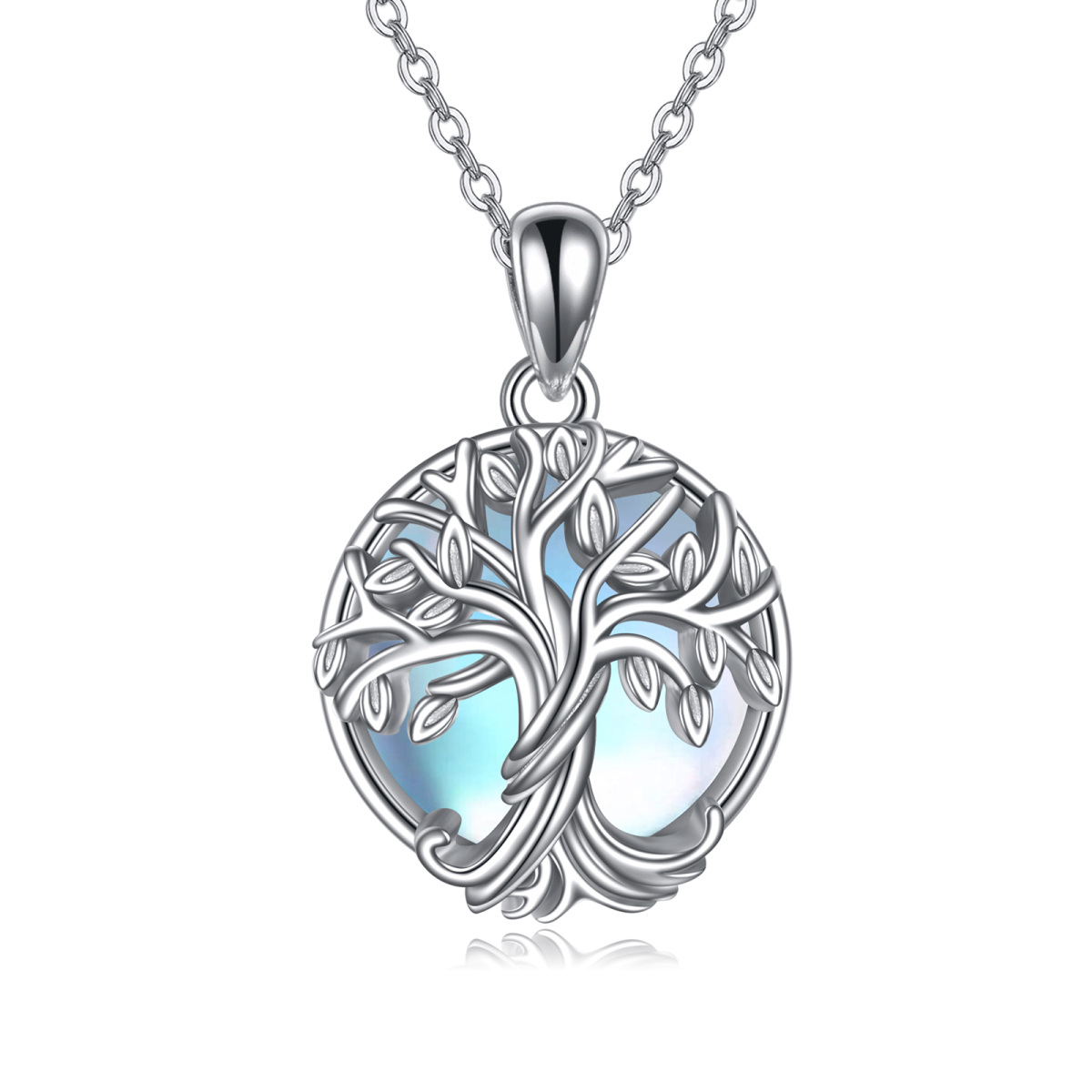 Sterling Silver Round Moonstone Tree Of Life Pendant Necklace-1