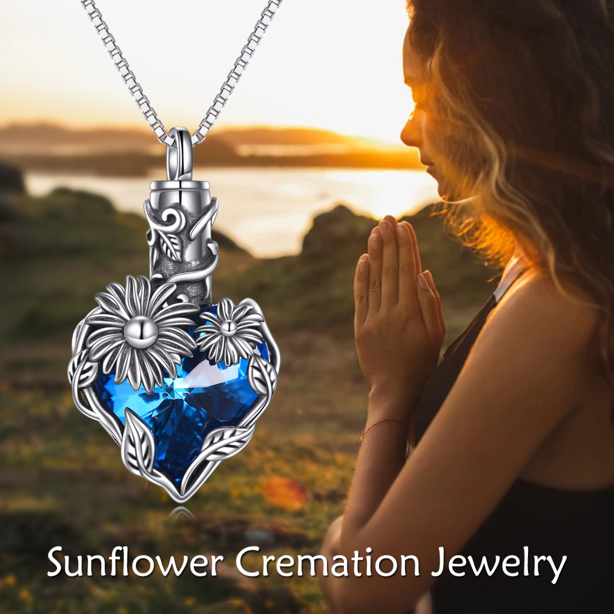 Sterling Silver Heart Shaped Crystal Sunflower & Heart Urn Necklace for Ashes-6