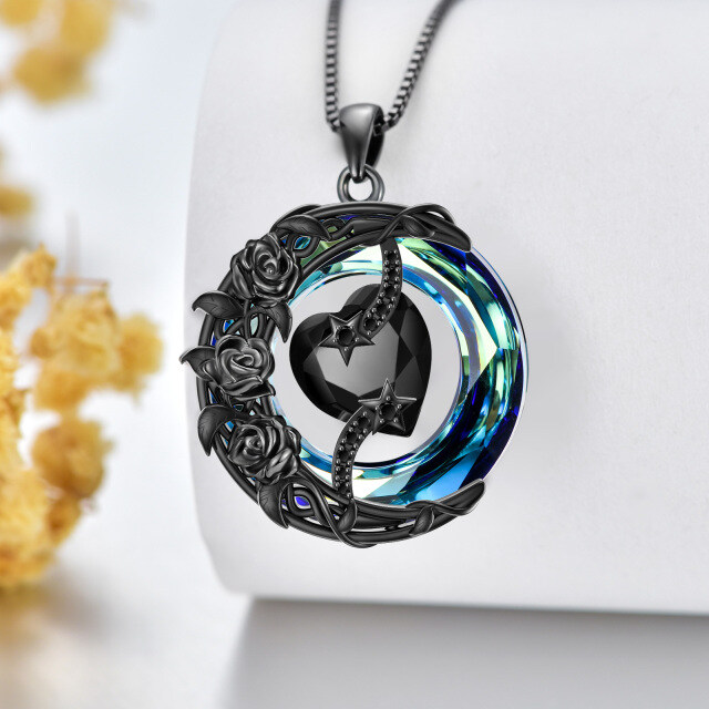 Sterling Silber mit schwarzem Rhodium Farbe kreisförmig geformt Rose & Herz Kristall-Anhän-2