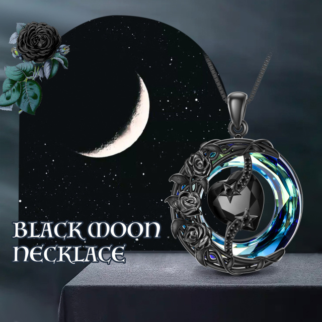 Sterling Silver with Black Rhodium Color Circular Shaped Rose & Heart Crystal Pendant Necklace-4