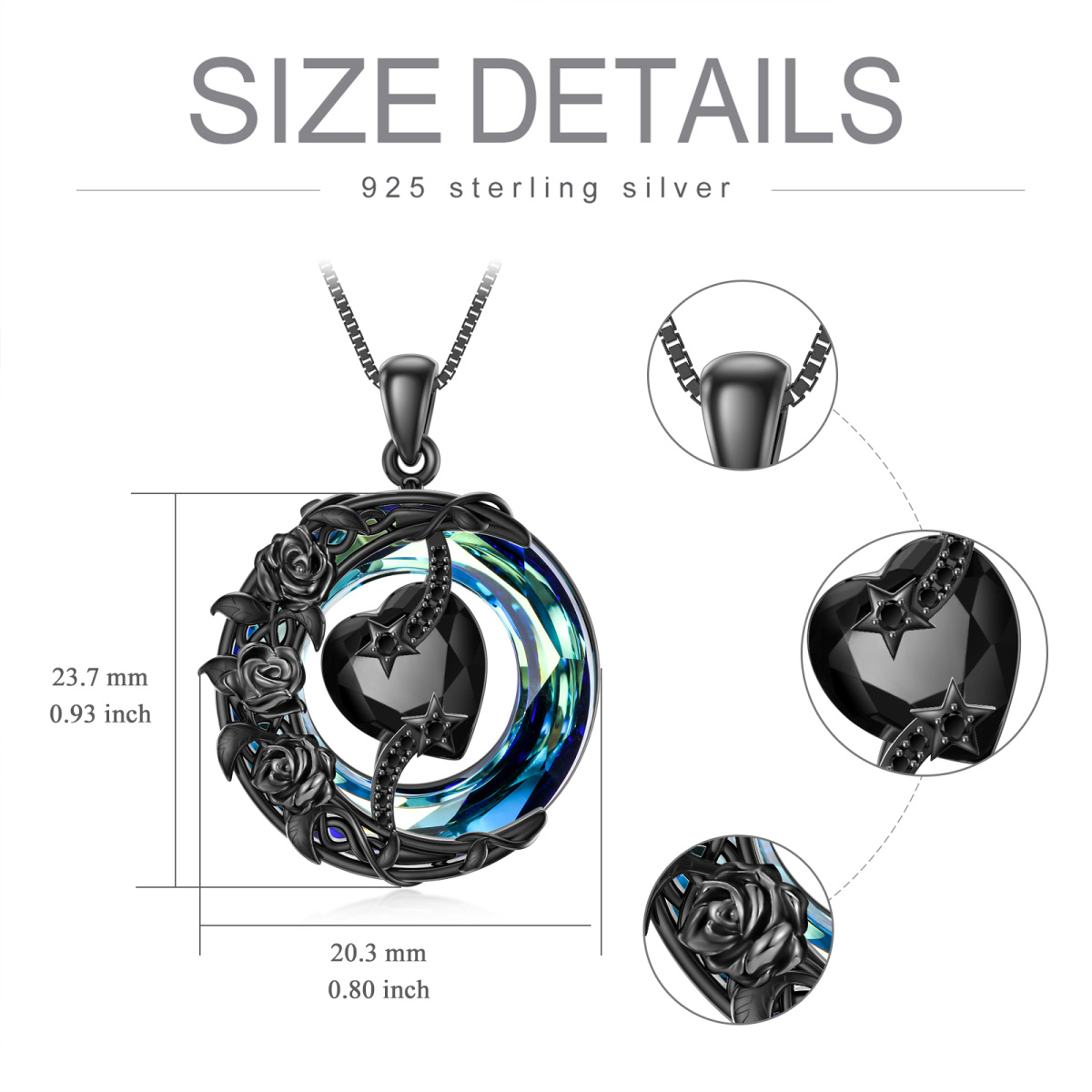 Sterling Silver with Black Rhodium Color Circular Shaped Rose & Heart Crystal Pendant Necklace-6