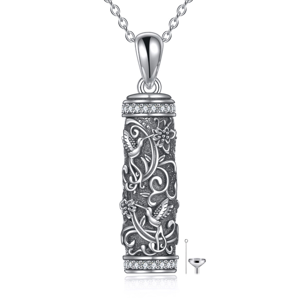 Sterling Silber kreisförmig Cubic Zirkonia Kolibri & Bar Urne Halskette für Asche-1