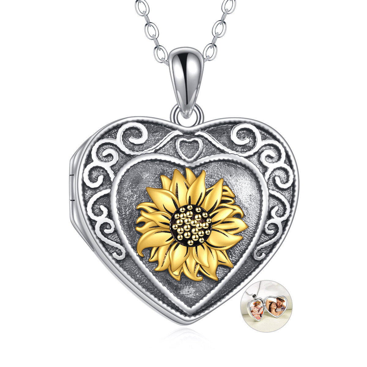 Sterling Silver Sunflower & Heart Personalized Photo Locket Necklace with Engraved Word-1