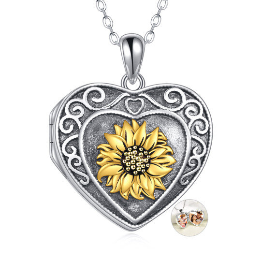 Collana con medaglione in argento sterling con girasole e cuore personalizzato con parola incisa