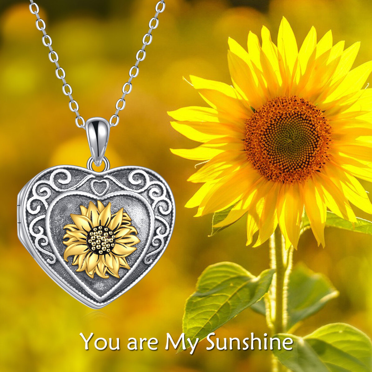 Collar Portafotos Personalizado Girasol y Corazón en Plata de Ley con Palabra Grabada-6