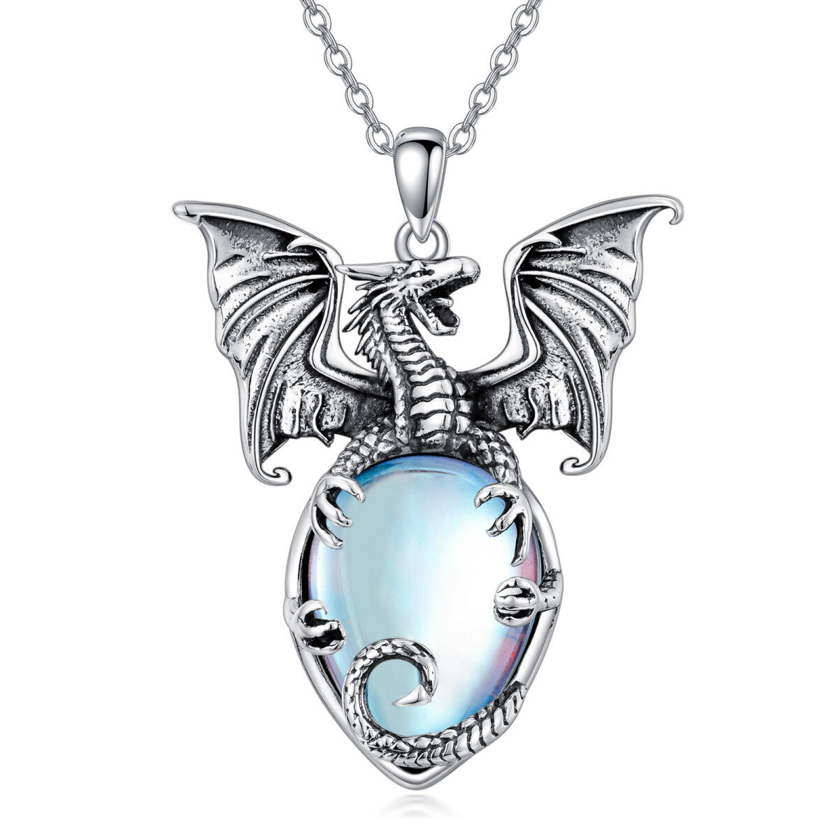 Sterling Silver Moonstone Dragon Pendant Necklace-1