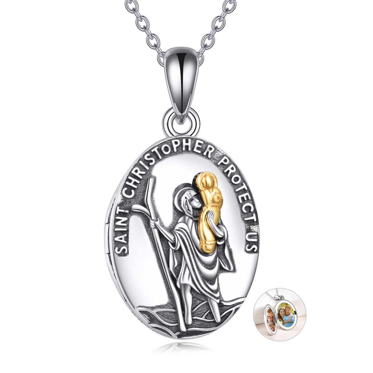 Sterling Silver Personalized Photo & Saint Christopher Personalized Photo Locket Necklace-1