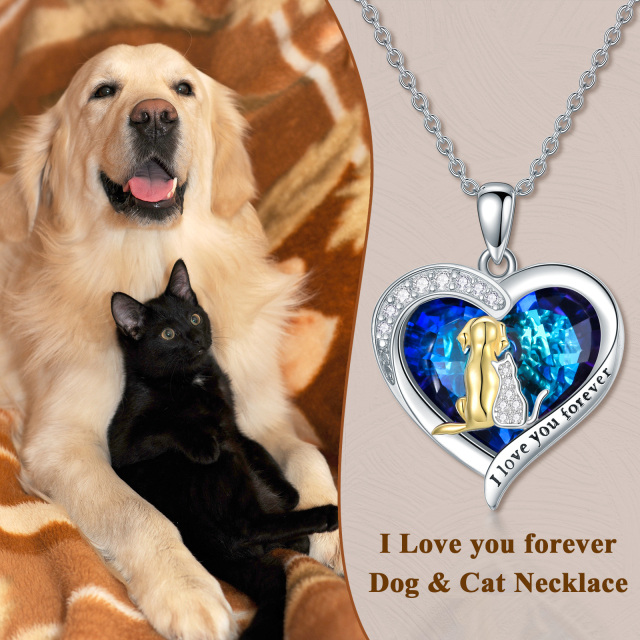 Sterling Silver Two-tone Heart Cat & Dog & Heart Crystal Pendant Necklace with Engraved Word-5