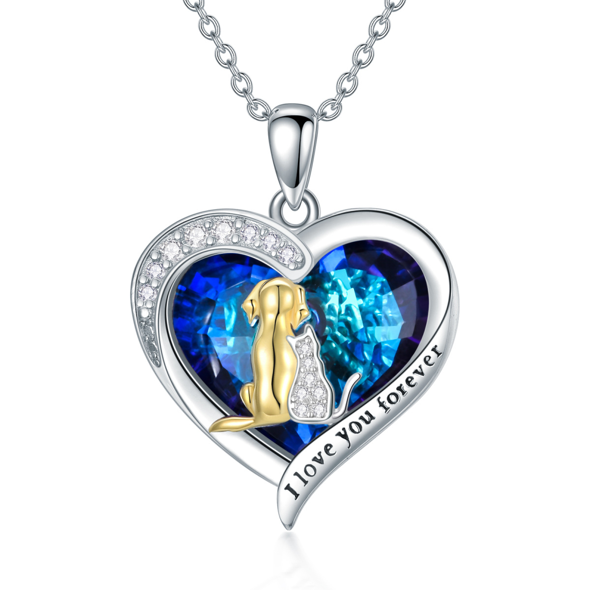 Sterling Silver Two-tone Heart Cat & Dog & Heart Crystal Pendant Necklace with Engraved Word-1