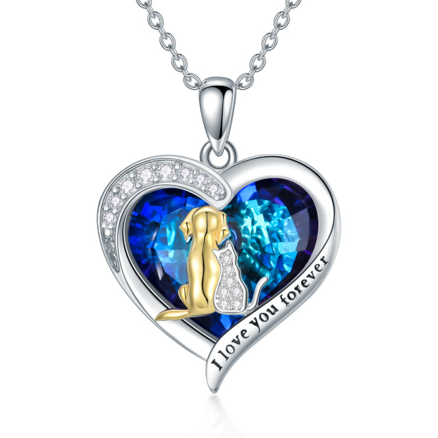 Sterling Silver Two-tone Heart Cat & Dog & Heart Crystal Pendant Necklace with Engraved Word-0