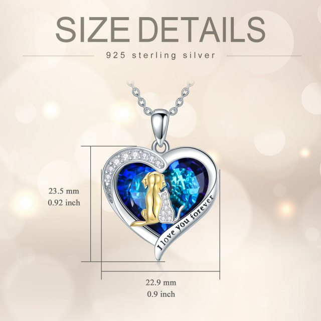 Sterling Silver Two-tone Heart Cat & Dog & Heart Crystal Pendant Necklace with Engraved Word-4