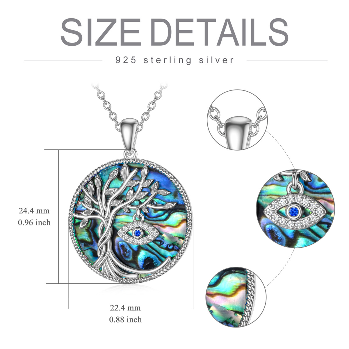 Sterling Silver Circular Shaped Opal Tree Of Life & Evil Eye Pendant Necklace-3
