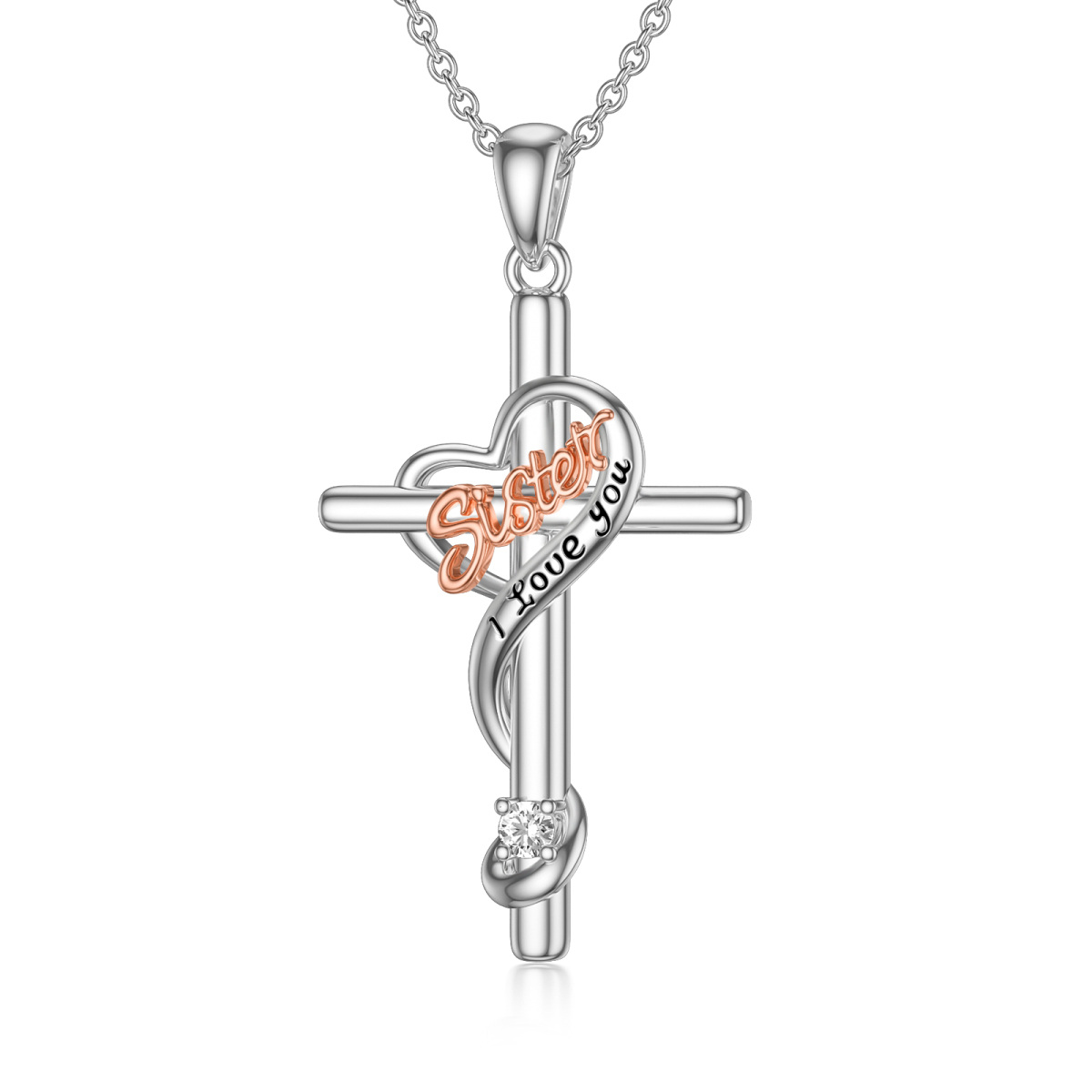 Halskette mit Kreuzanhänger „I LOVE YOU“ aus Sterlingsilber als Geburtstagsgeschenk für die Schwester-1