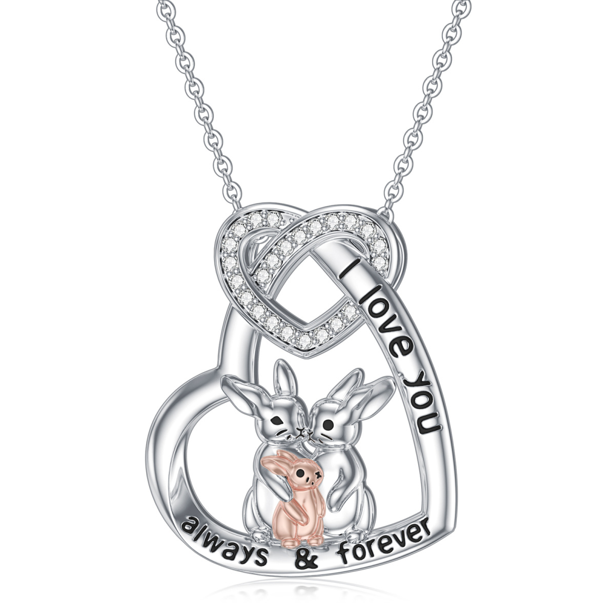 Sterling Silver Rabbit & Heart & Heart With Heart Pendant Necklace with Engraved Word-1