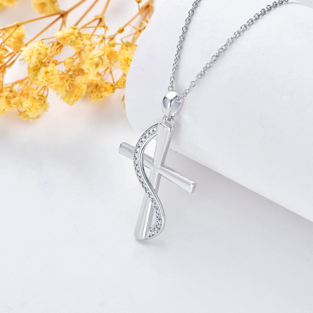 Sterling Silver Round Cubic Zirconia Cross Pendant Necklace with Initial Letter S-2