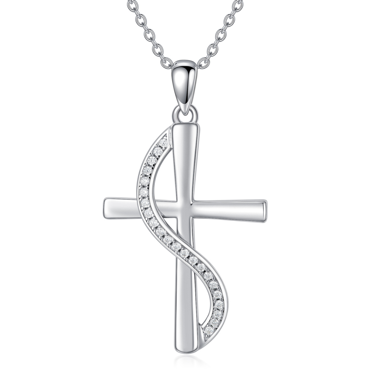 Sterling Silver Round Cubic Zirconia Cross Pendant Necklace with Initial Letter S-1