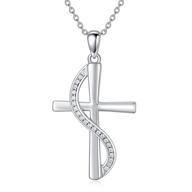 Sterling Silver Round Cubic Zirconia Cross Pendant Necklace with Initial Letter S-0