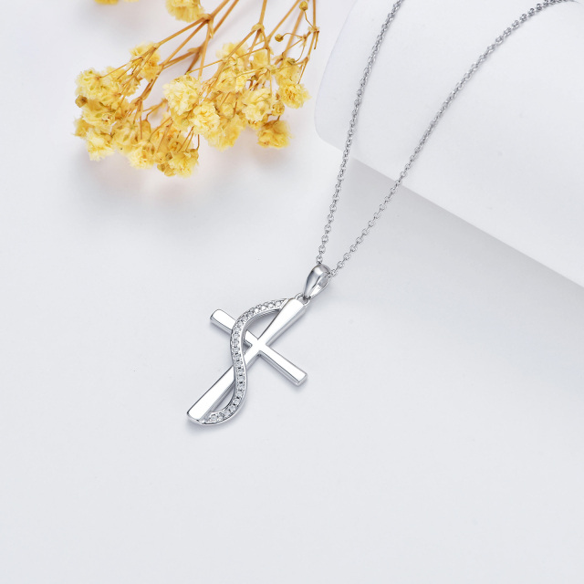 Sterling Silver Round Cubic Zirconia Cross Pendant Necklace with Initial Letter S-3