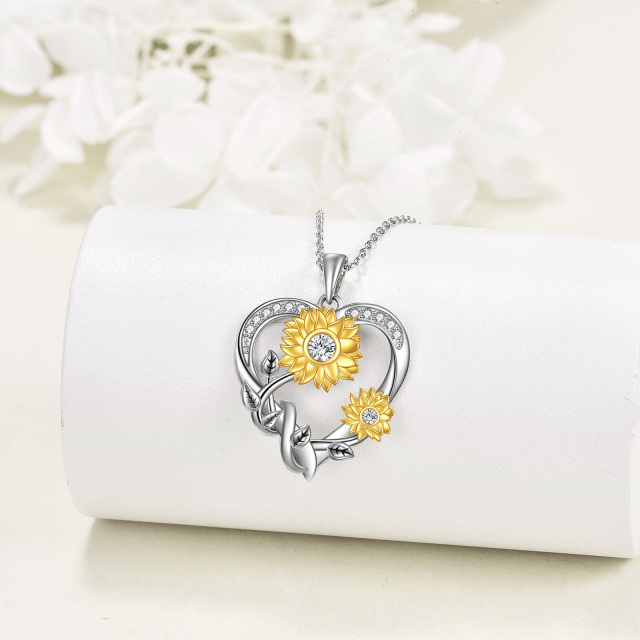 Sterling Silber zweifarbig kreisförmig Moissanit Sonnenblume & Herz Anhänger Halskette-4