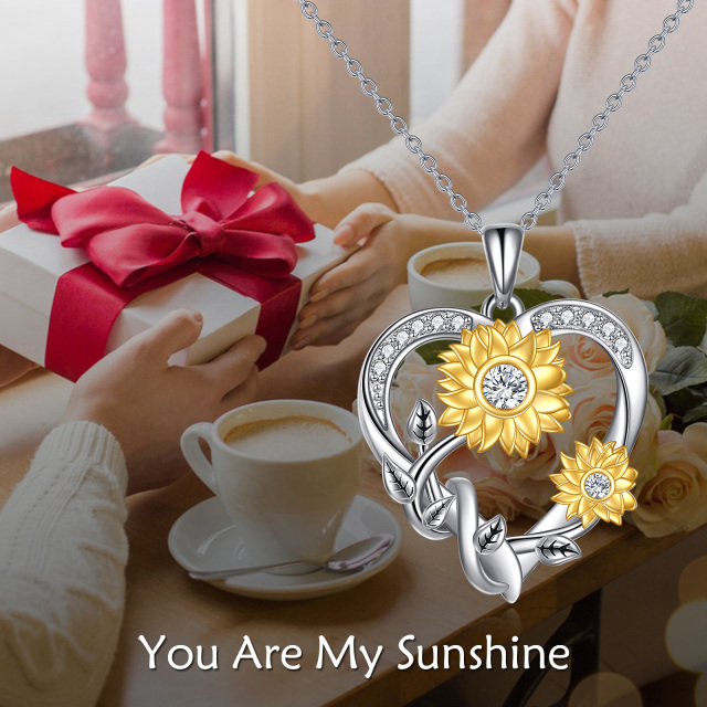 Sterling Silver Two-tone Circular Shaped Moissanite Sunflower & Heart Pendant Necklace-2