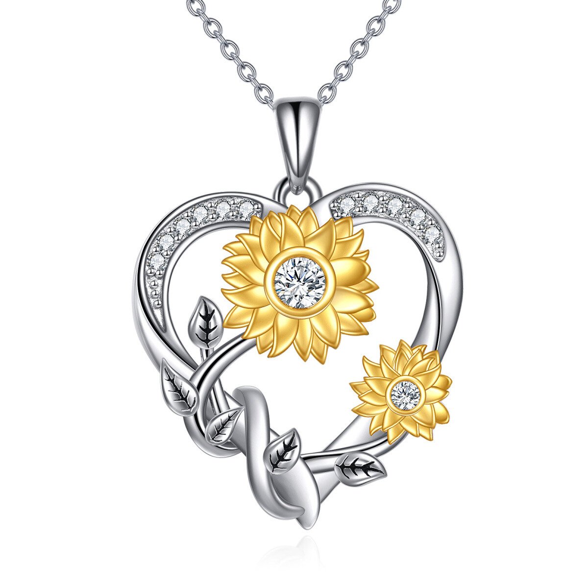 Sterling Silver Two-tone Circular Shaped Moissanite Sunflower & Heart Pendant Necklace-1