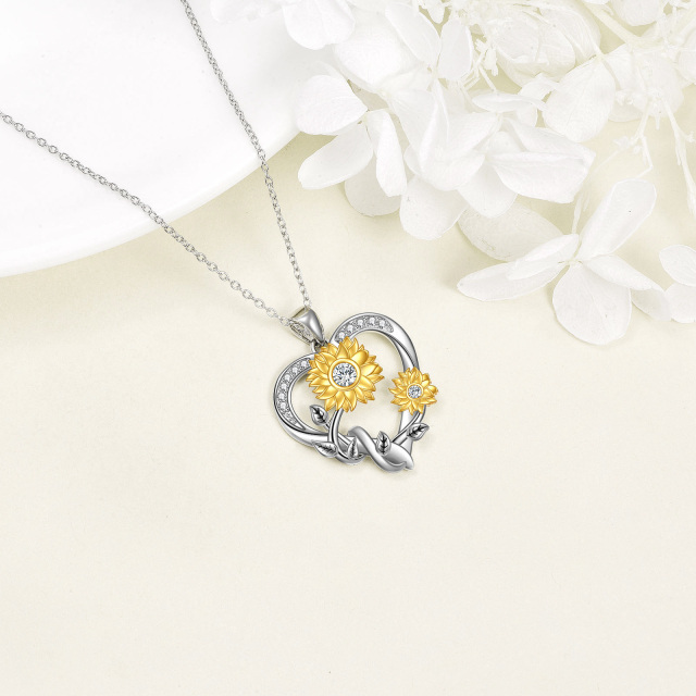 Sterling Silver Two-tone Circular Shaped Moissanite Sunflower & Heart Pendant Necklace-3