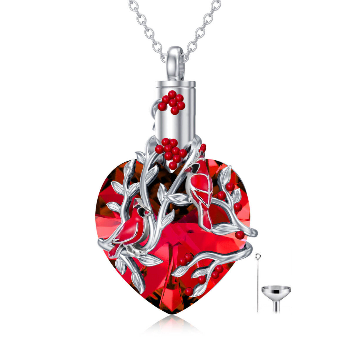 Sterling Silver Crystal Cardinal & Heart Urn Necklace for Ashes-1