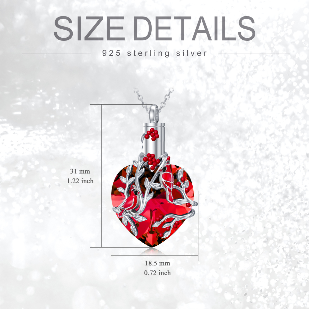 Sterling Silver Crystal Cardinal & Heart Urn Necklace for Ashes-6