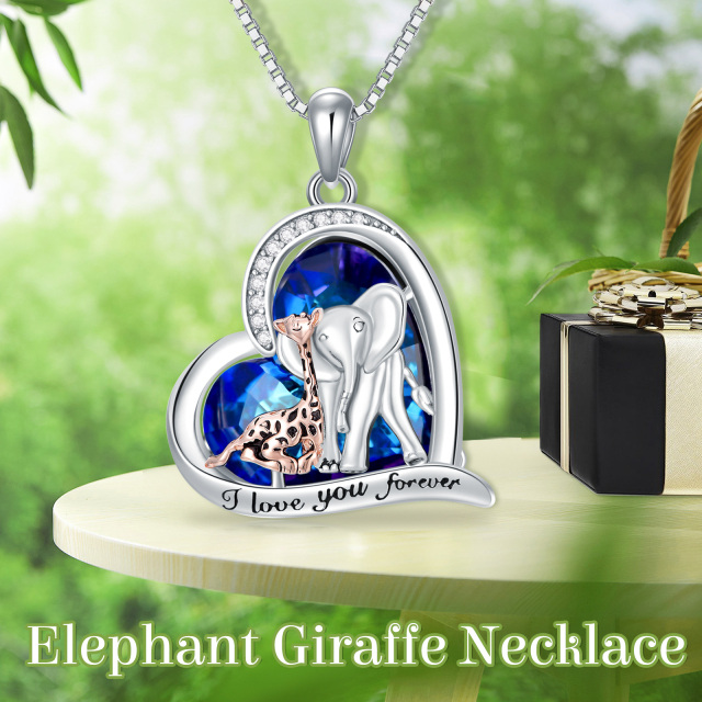 Sterling Silver Circular Shaped & Heart Shaped Crystal & Cubic Zirconia Elephant & Giraffe & Heart Pendant Necklace-3