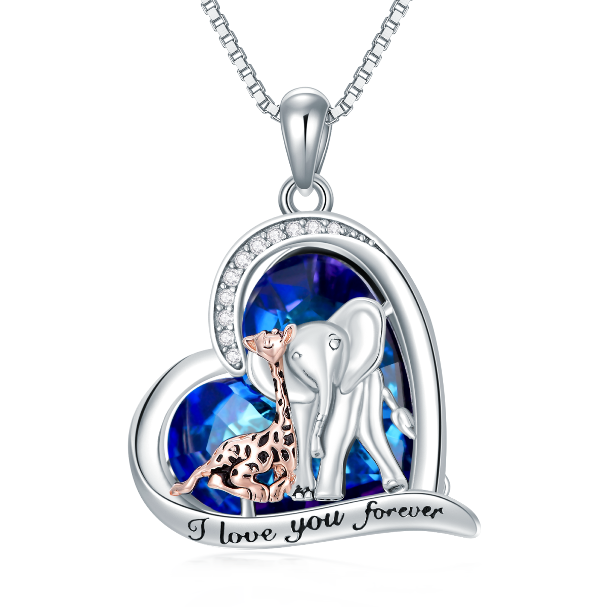 Sterling Silver Circular Shaped & Heart Shaped Crystal & Cubic Zirconia Elephant & Giraffe & Heart Pendant Necklace-1
