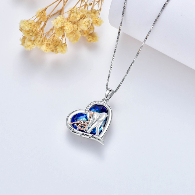 Sterling Silver Circular Shaped & Heart Shaped Crystal & Cubic Zirconia Elephant & Giraffe & Heart Pendant Necklace-4