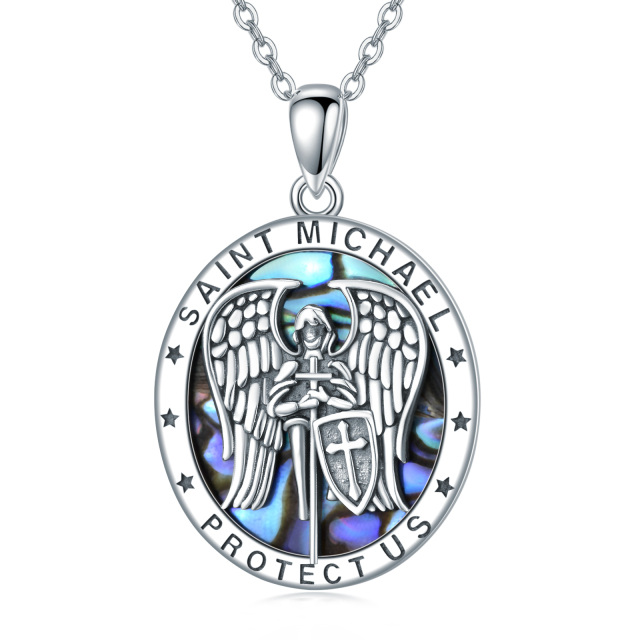 Sterling Silver Abalone Shellfish Saint Michael Pendant Necklace-1