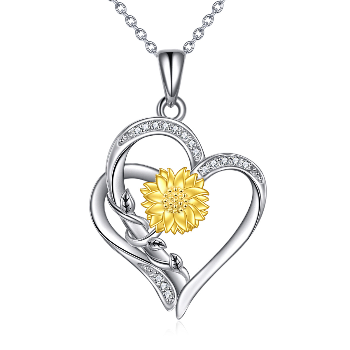 Collier en argent sterling avec pendentif tournesol et cœur en forme de diamant bicolore-1