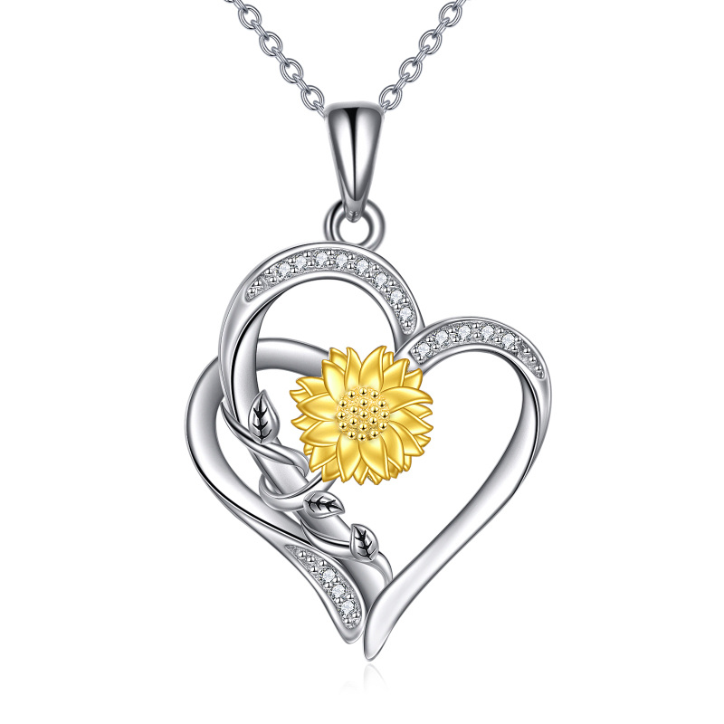 Sterling Silver Two-tone Circular Shaped Diamond Sunflower & Heart Pendant Necklace
