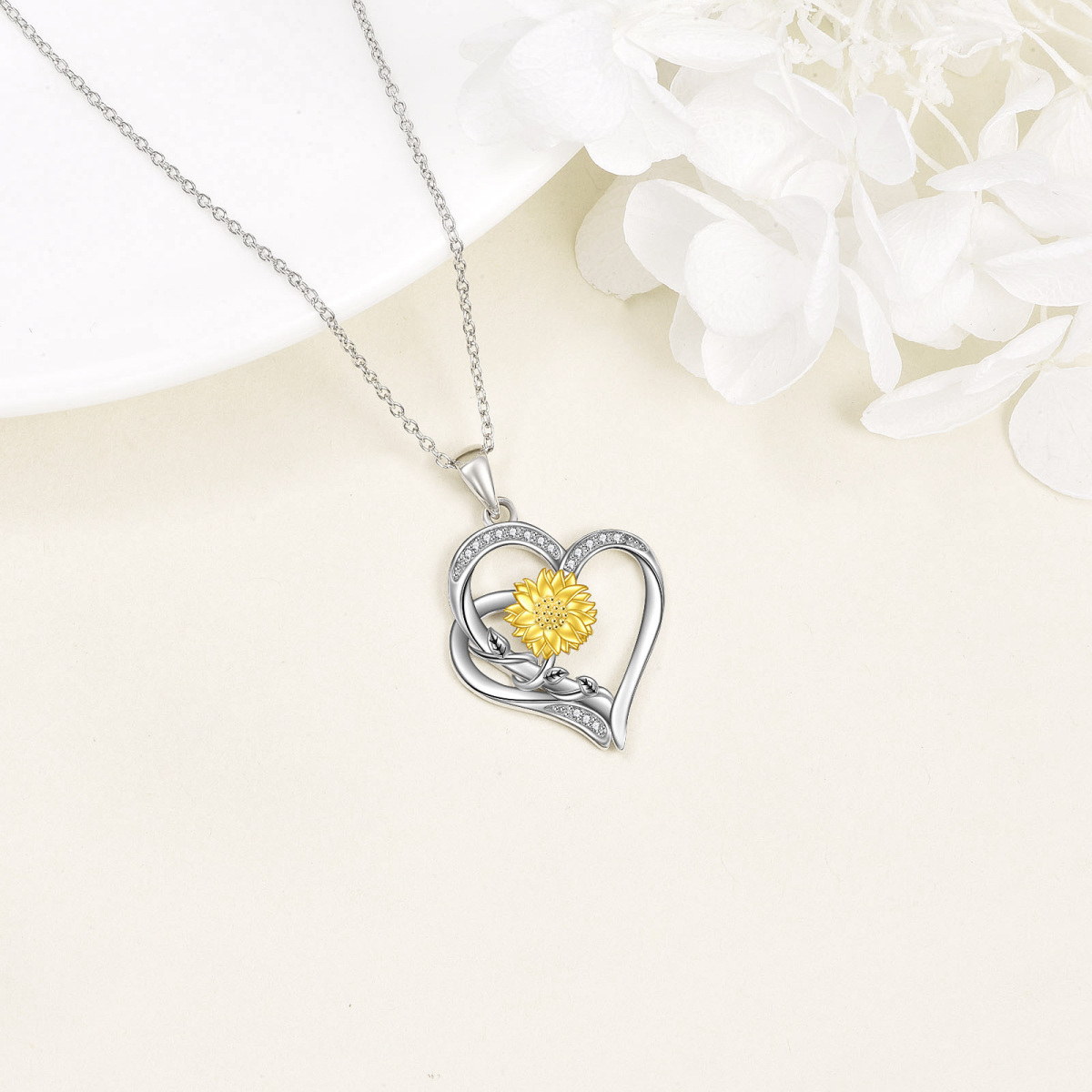 Sterling Silver Two-tone Circular Shaped Diamond Sunflower & Heart Pendant Necklace-4