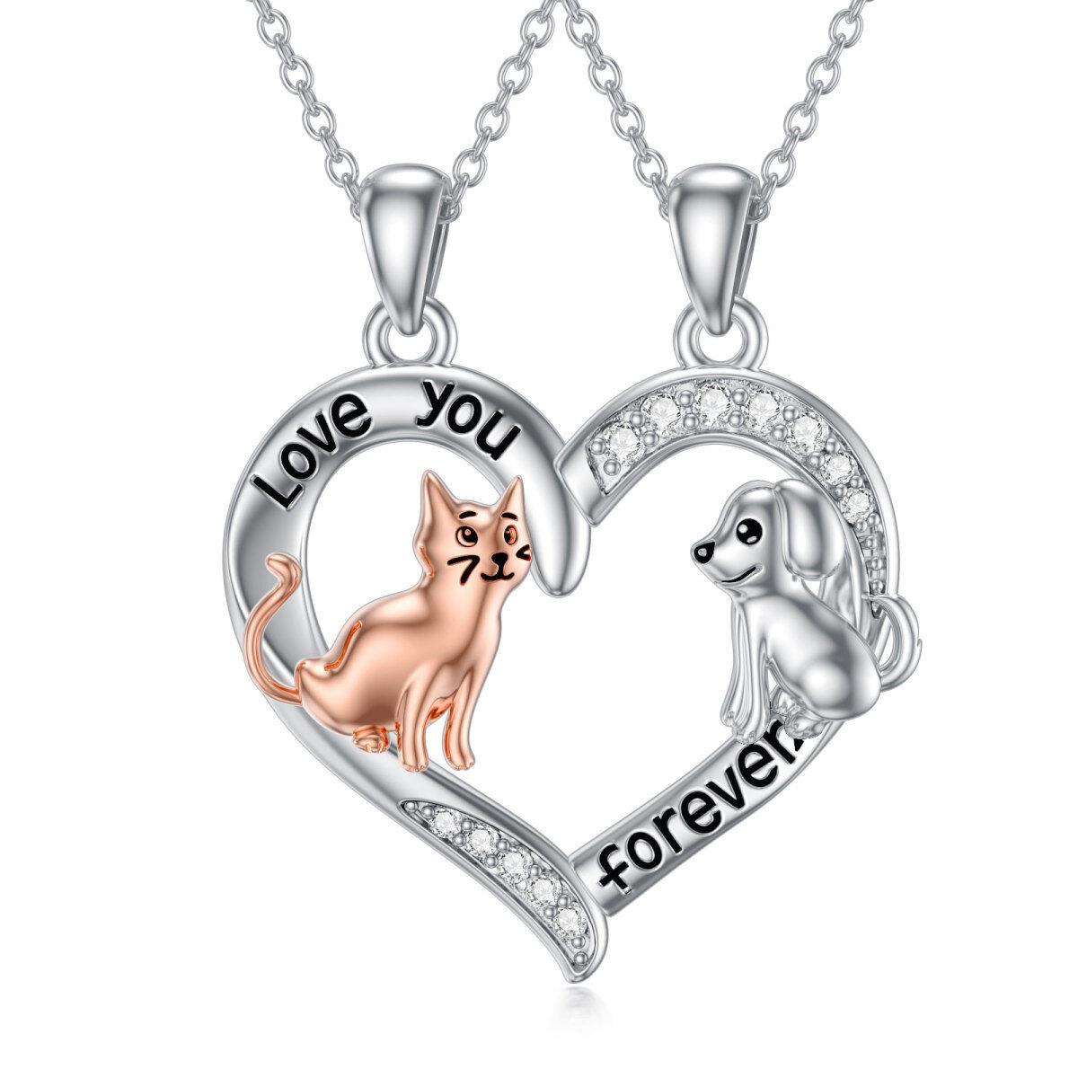 Sterling Silver Two-tone Cubic Zirconia Cat & Dog & Heart Pendant Necklace with Engraved Word-1