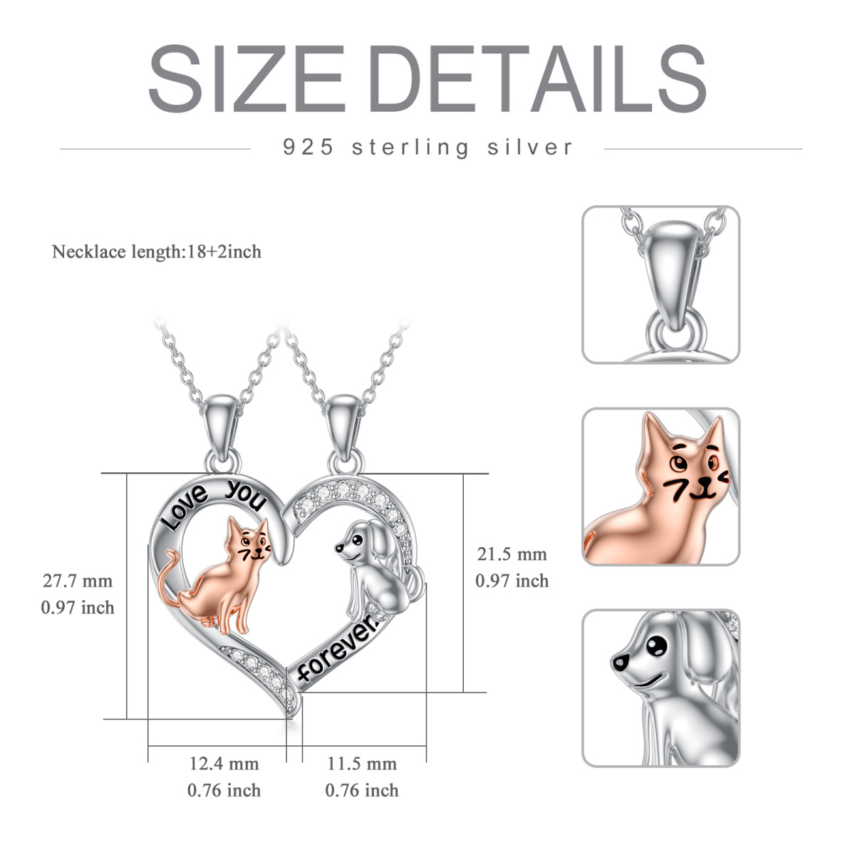 Sterling Silver Two-tone Cubic Zirconia Cat & Dog & Heart Pendant Necklace with Engraved Word-4