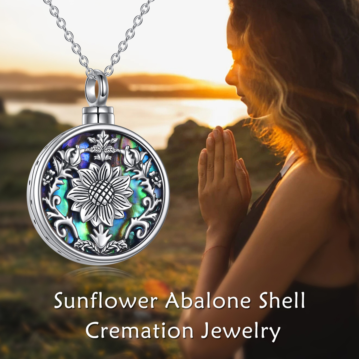 Sterling Silver Circular Shaped Abalone Shellfish Sunflower Urn Necklace for Ashes-6