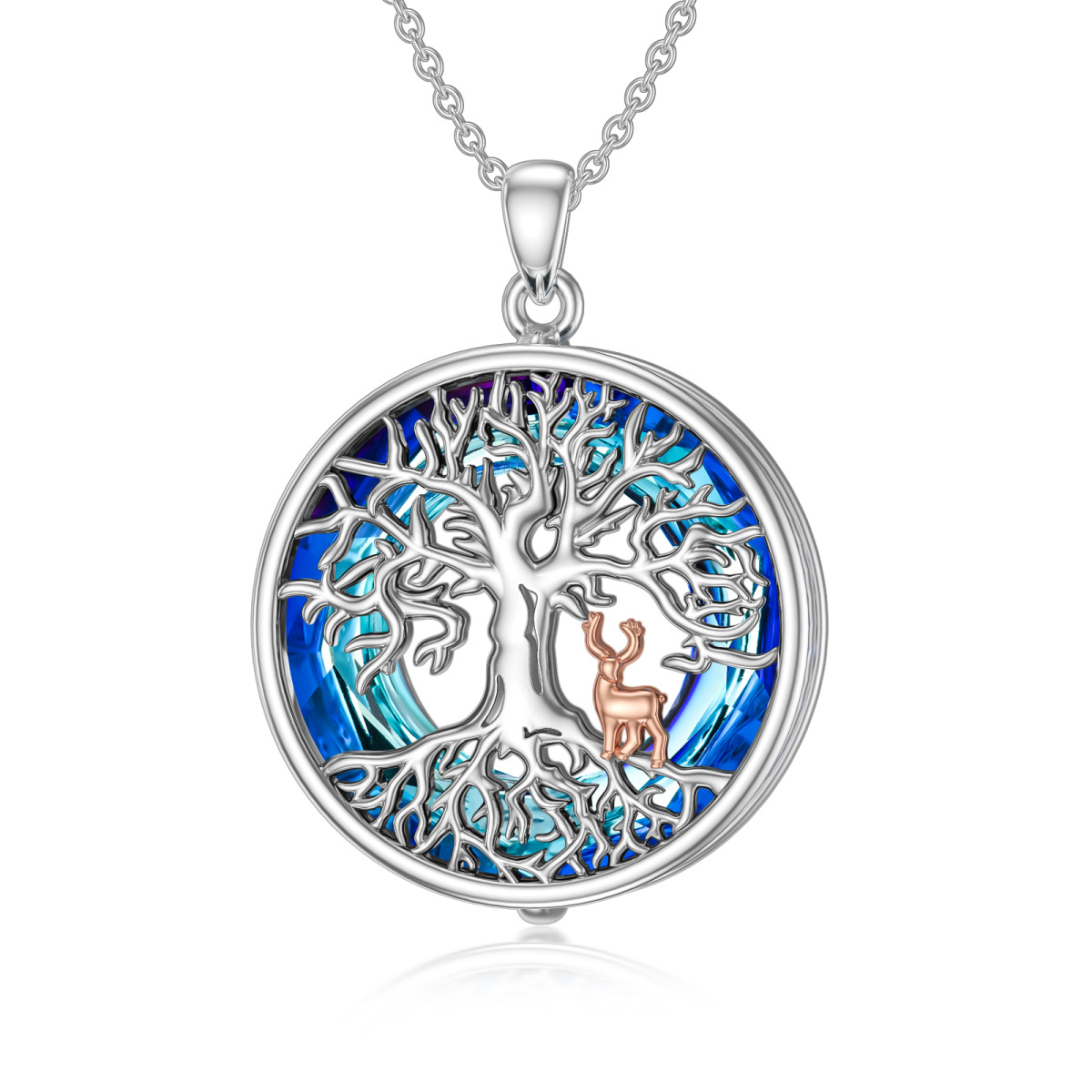 Sterling Silver Two-tone Circular Shaped Elk & Tree Of Life Crystal Pendant Necklace-1