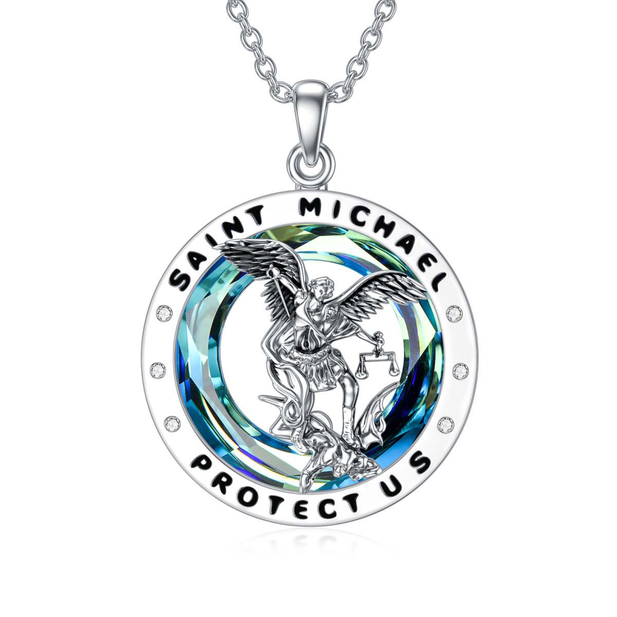 Sterling Silver Saint Michael Crystal Pendant Necklace with Engraved Word-1
