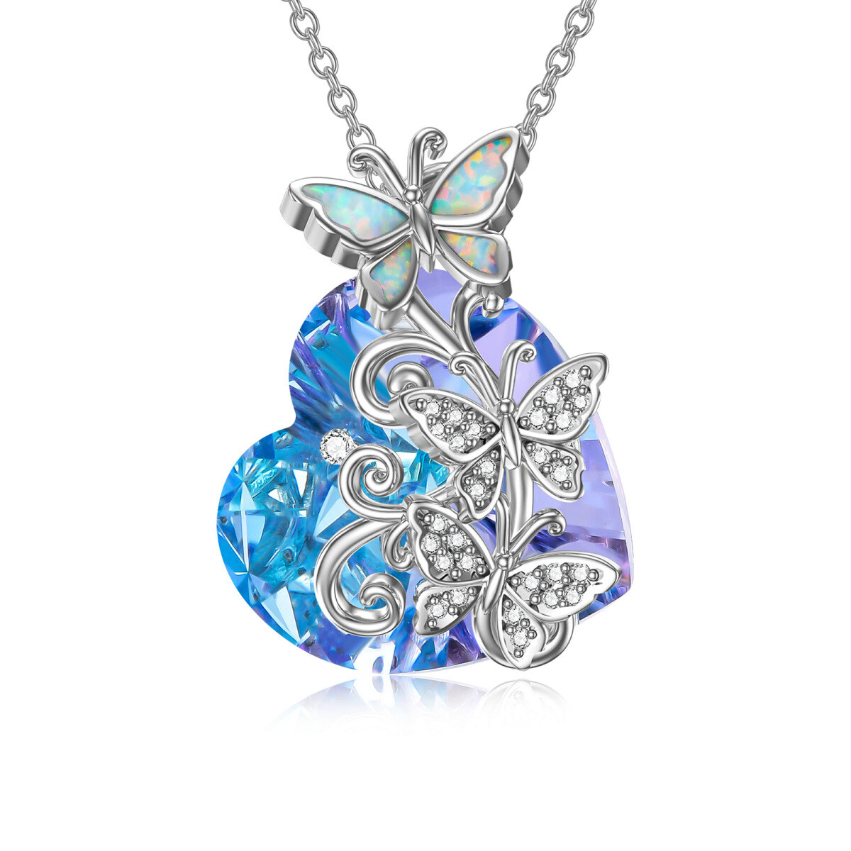 Collar de plata de ley con forma de corazón de mariposa y corazón de cristal colgante-1