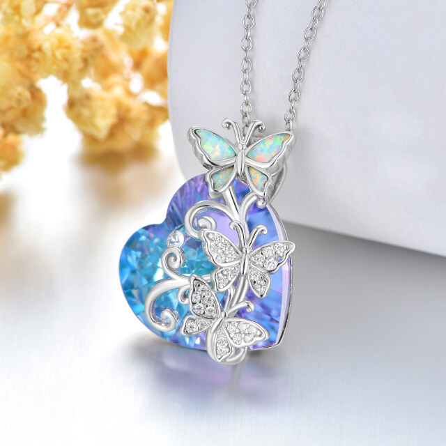 Sterling Silver Heart Shaped Butterfly & Heart Crystal Pendant Necklace-2