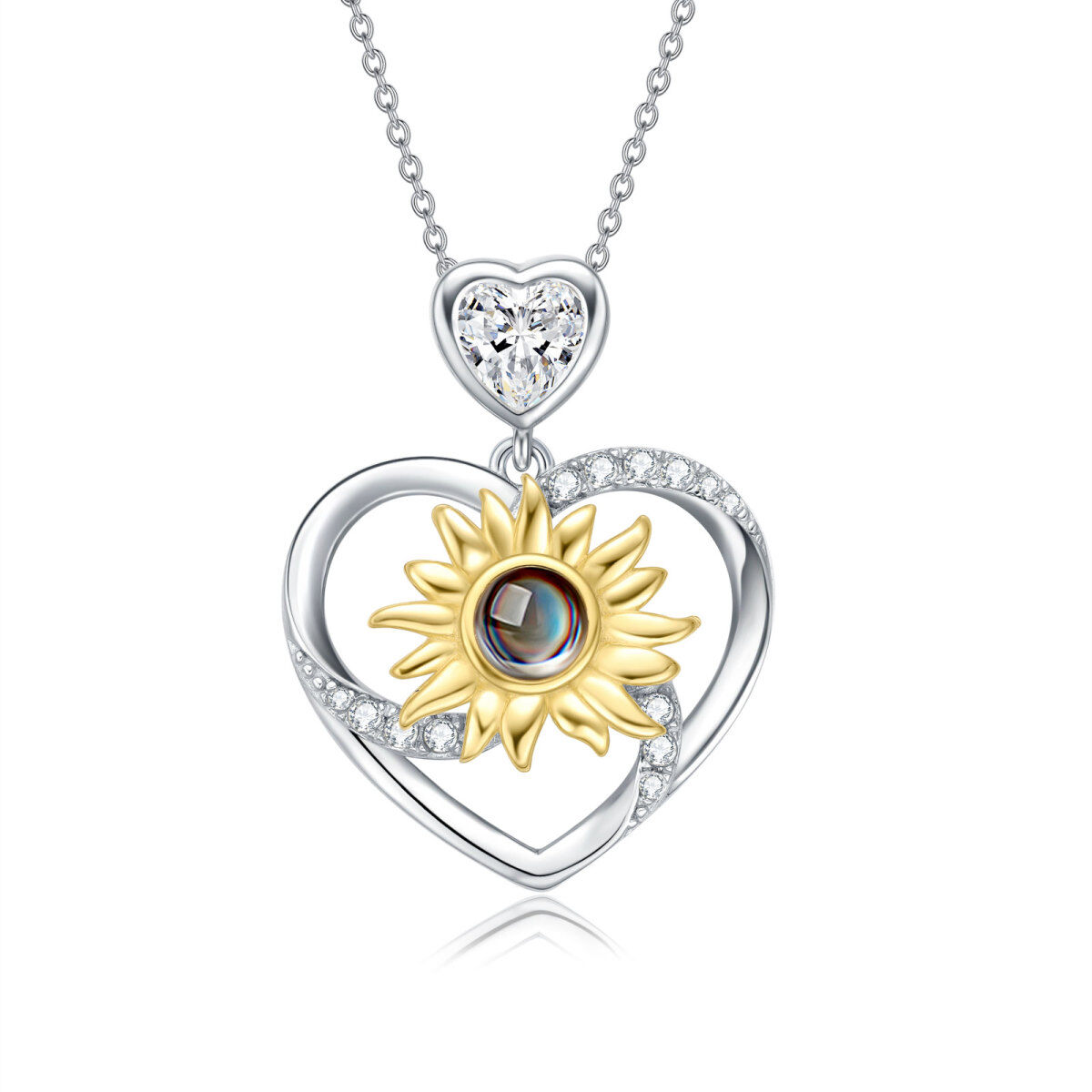 Collar con colgante de girasol y moissanita en forma de corazón de dos tonos de plata de ley-1