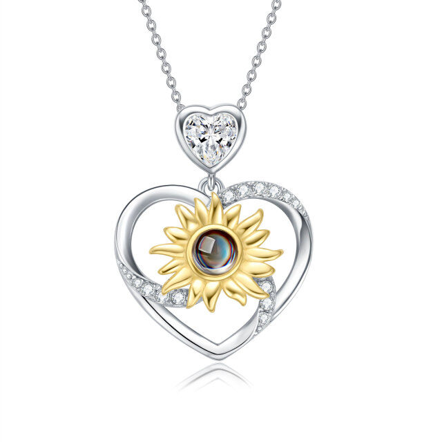 Sterling Silver Two-tone Heart Moissanite Sunflower Pendant Necklace-0